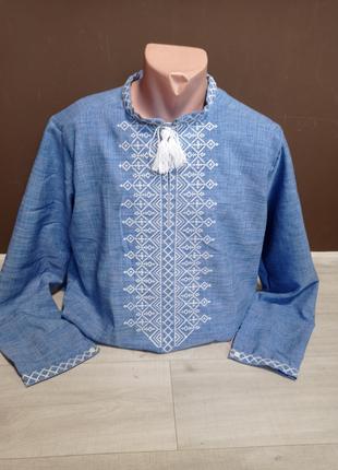 Детская синяя вышиванка с вышивкой для мальчика подростка Укра...