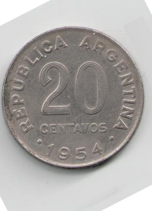 Монета Аргентина 20 сентаво 1954 года