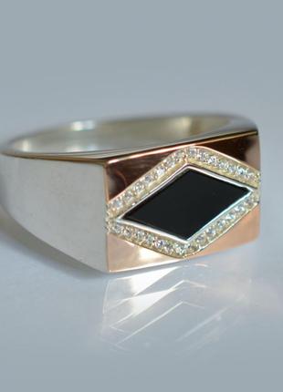 Серебряное кольцо печатка с золотыми пластинами