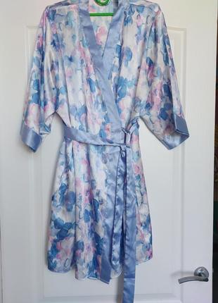Жіночий атласний халат шовковий халат-кімоно короткий квіткови...