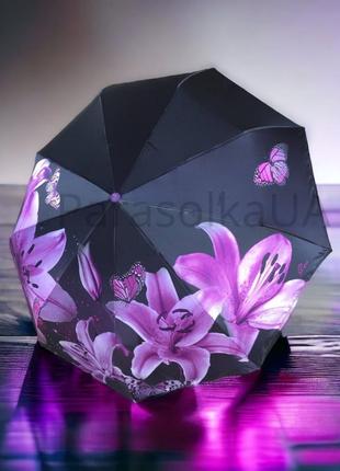 "лилии в тени: черный зонт с фиолетовыми лилиями и сатиновой т...