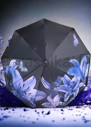 "синий акцент: зонт с синими лилиями на сатиновой ткани и 9 сп...