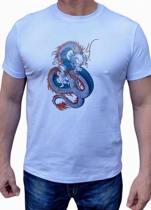 Мужская футболка белая с японским драконом.