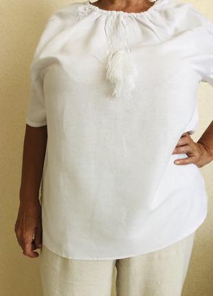 Женская вышиванка с коротким рукавом белая лен 58-66р