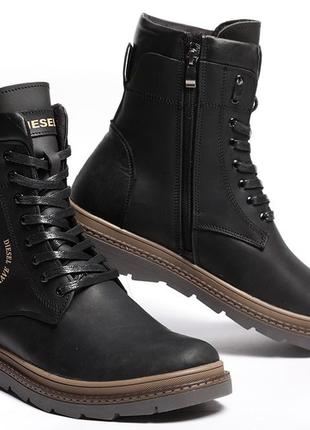 Ботинки мужские кожаные зимние diesel cassidy combat black marble