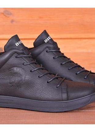 Зимние кожаные спортивные ботинки на меху diesel pirate black