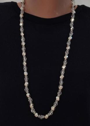 Серебристое ожерелье, бусы гальваника, стекло