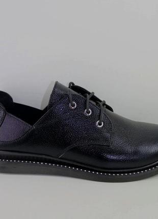 Туфли женские кожаные чёрные на шнурках закрытые  medium код-(...
