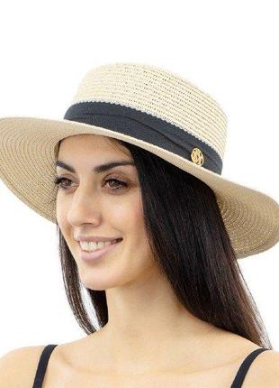 Женская солнцезащитная соломенная шляпа бежевая с широкой черн...