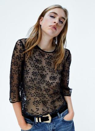 Стильная вышитая прозрачная блуза сетка zara