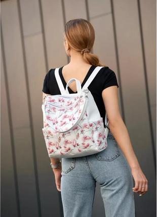 Женский рюкзак-сумка sambag trinity белый принт «flowers»