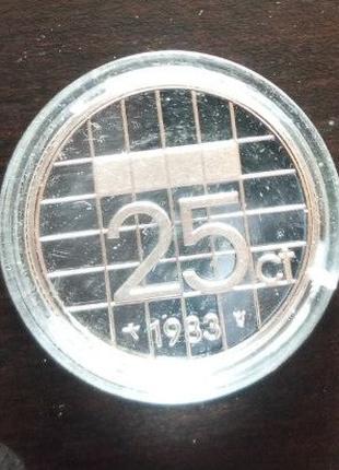 Монета 25 центов. 1983 год, Нидерланды. (капсула) ПРУФ