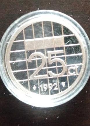 Монета 25 центов. 1992 год, Нидерланды. (капсула) ПРУФ
