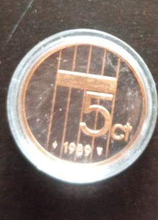 Монета 5 центов. 1989 год, Нидерланды. (капсула) ПРУФ