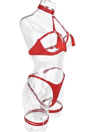 Сексуальное женское белье комплект красный с кисточками открыт...