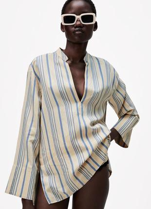 Полосатая блуза рубашка zara из натуральной ткани