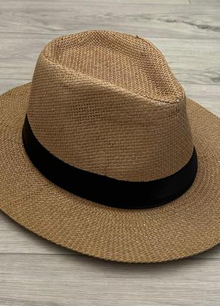 Летняя шляпа Федора темно-бежевая с черной лентой (949)