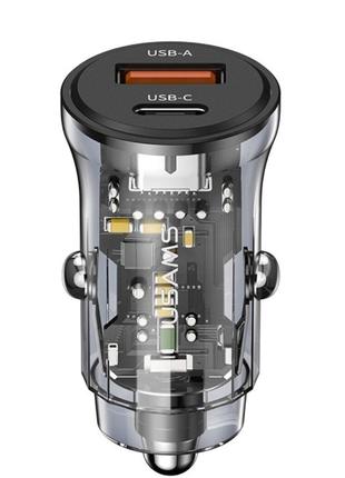 АЗУ USAMS CC164 C32 30W Transparent USB+Type-C Mini Car Charge...