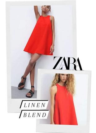 Крутое красное льняное платье трапеция zara бленд льна мини пл...