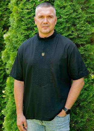 Мужская Рубашка Вышиванка Черная домотканый лен р. 42 - 56