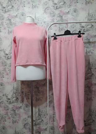 Женская велюровая пижама лонгслив штаны розовый бархатный дома...