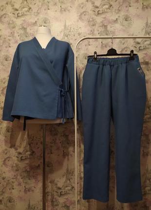 Женский вафельный домашний комплект двойка пиджак-кимоно штаны...