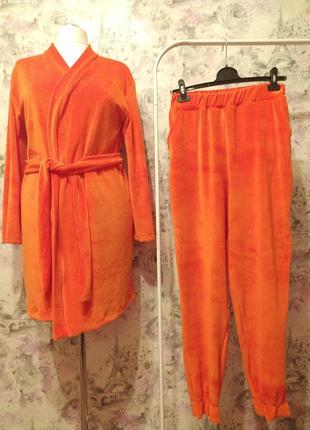 Женский велюровый домашний комплект двойка халат штаны оранжев...