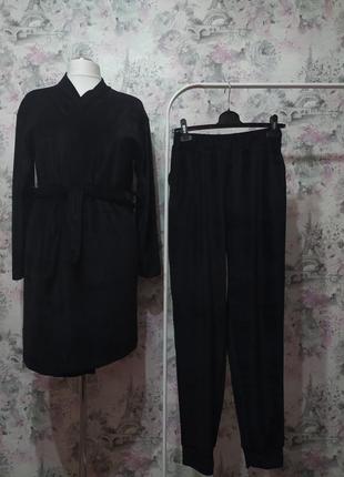 Женский велюровый домашний комплект двойка халат штаны черный ...