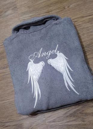 Халат женский махровый серый c вышивкой angel подарок девушке ...