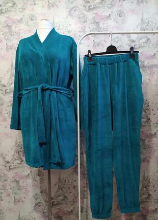 Женский велюровый домашний комплект двойка халат штаны бирюзов...
