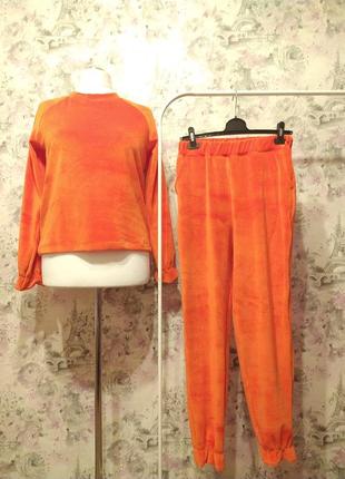 Женская велюровая пижама лонгслив штаны оранжевый бархатный до...