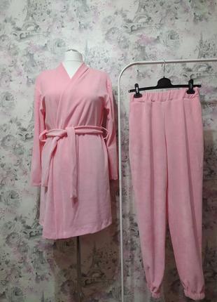 Женский велюровый домашний комплект двойка халат штаны розовый...
