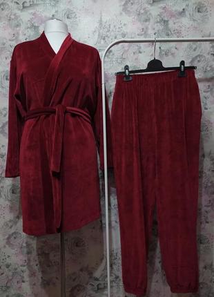 Женский велюровый домашний комплект двойка халат штаны бордовы...