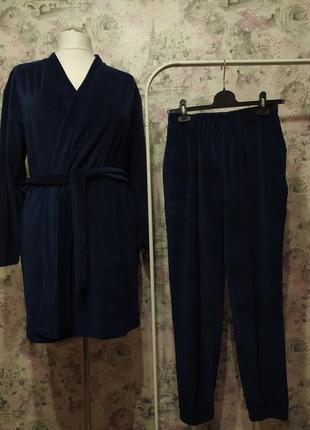 Женский велюровый домашний комплект двойка халат штаны темно-с...