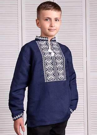 Сорочка Вишиванка для хлопчика білий льон синя вишивка р.116 —...
