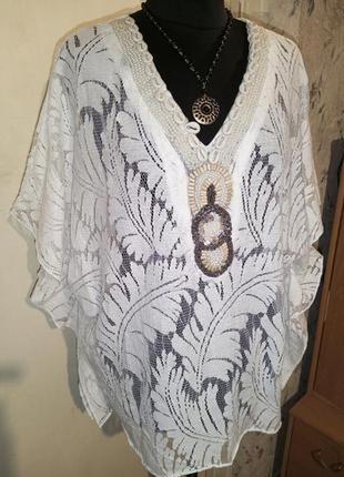 Белоснежная,гипюровая блузка-туника с жемчугом и ракушками,бох...