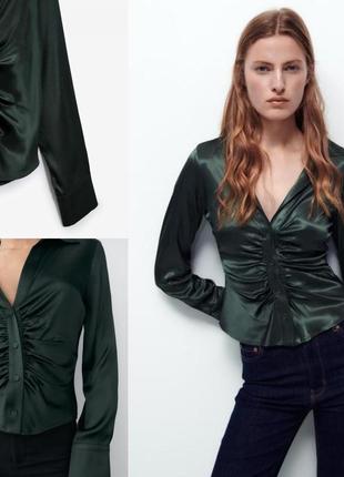 Хорошая блуза от zara в темно- зеленом цвете
