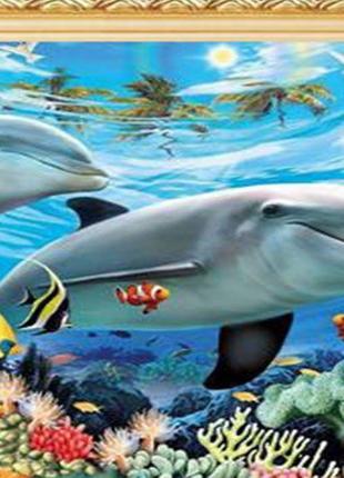 Набір Алмазна мозаїка вишивка Сім'я дельфінів море риф риба на...