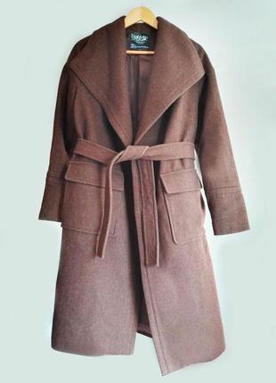 Шерстяное демисезонное коричневое пальто без пуговиц с поясом,...