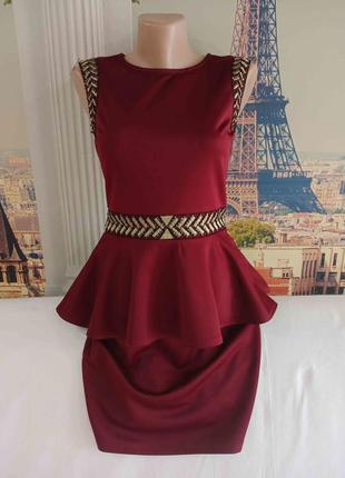 Платье цвета бордо с баской, размер 8