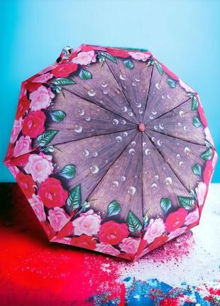 Женский зонт автомат, спици антиветер, атласная ткань с розами