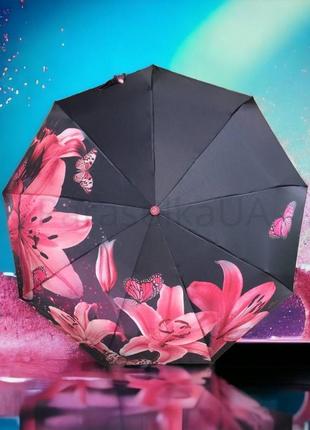Женский зонт автомат с розовыми лилиями на сатиновой ткани и 9...
