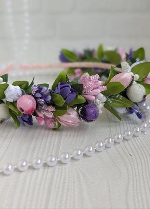 Нежный обруч ободок с розовыми, белыми и фиолетовыми цветочками