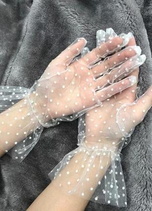 Фатиновые перчатки фатин в горох винтаж в ретро стиле белые пе...