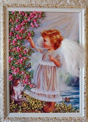 Картина з вишивкою стрічками "Ангелочок"