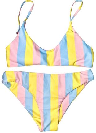 Нежный пастельный купальник в полоску (м) желто-розово-голубой