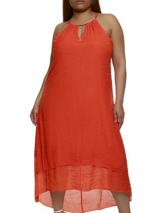 Длинное красно-коралловое макси платье с подвеской