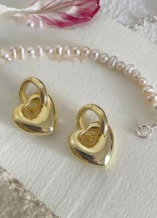 Серьги сердечки серебро позолота 14 к сережки сердце