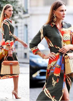 Нове довге плаття сорочка з поясом у принт zara