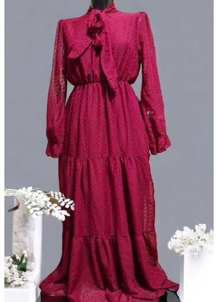 Длинное бордовое платье с бантом шифон италия